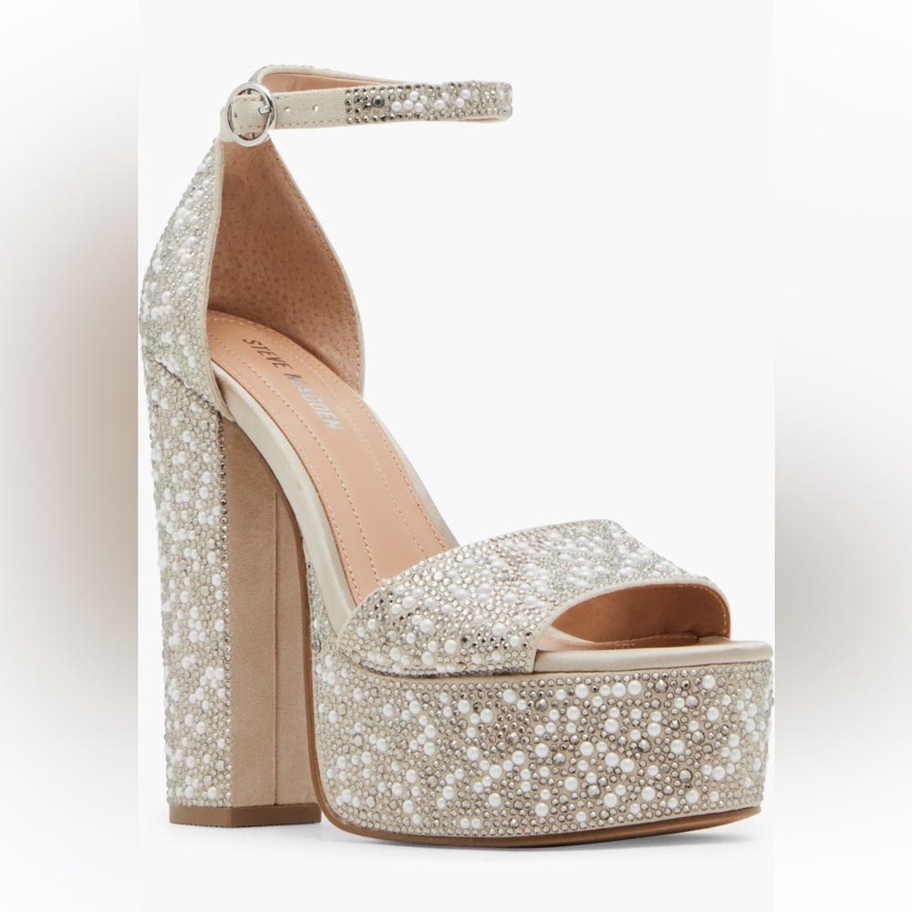 Pearl & Rhinestones Glam Ankle Strap Platform Sandal Heels - US 9